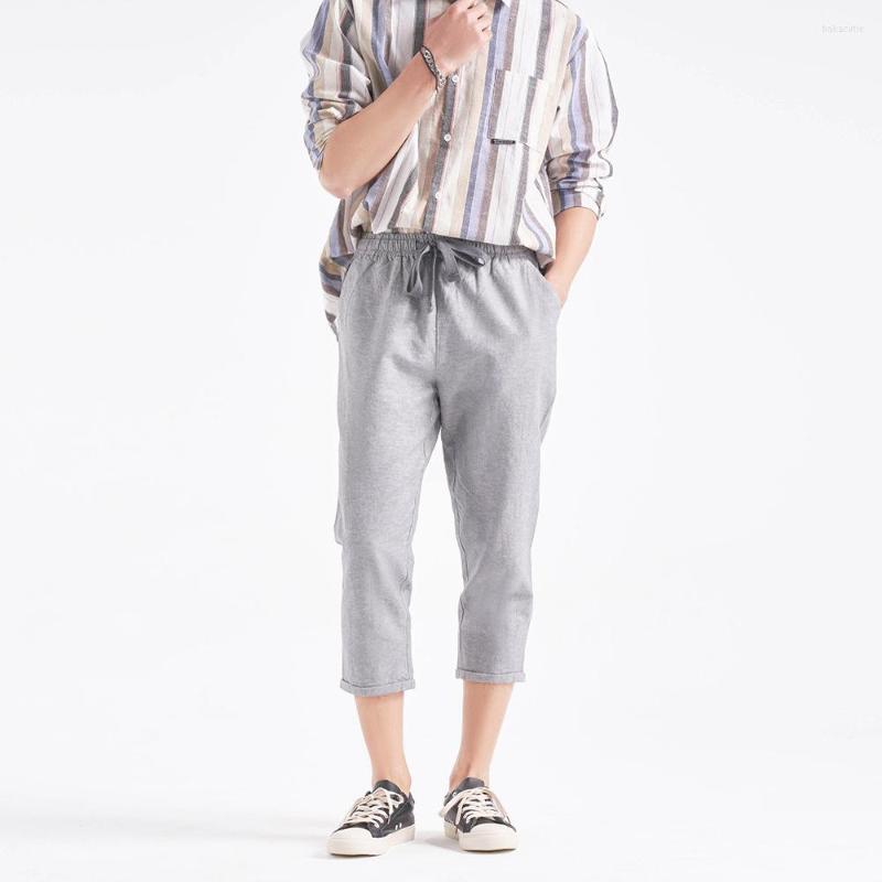 

Men's Pants Spring Summer Men's Solid Linen Crop Japanese Minimalism Elastic Waist Harun Cotton Casual Cropped, Flaxen