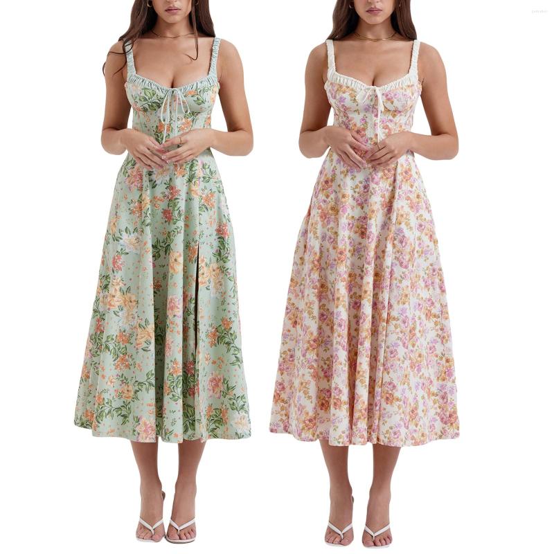 

Casual Dresses Women Summer Midi Dress Floral Print Low-Cut Sleeveless Sling Sweet Fashion Backless Temperament, Yellow