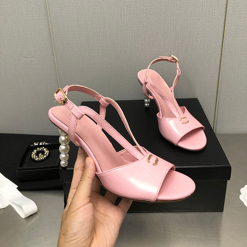 

Designer Women Sandals Solid Color Leather Hardware Metal Letter Logo Pearl Heel Dress Shoes High Heels 8.5cm Shoes Casual Slipper Party Dinner Dress Shoes 35-40, Box