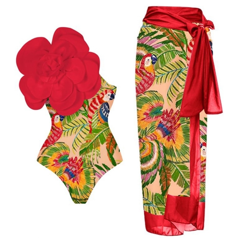 

Women's Swimwear Red Print Deep V Bikini Set And Cover Up Ruffle Straps Backless Sexy Beachwear Ladies Slim High Waist Fit Summer Swimsuit 230508, Style 2