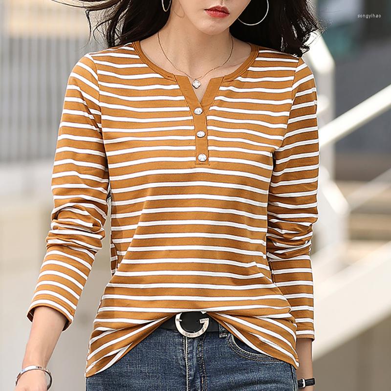 

Women' T Shirts Button Striped V Neck Shirt Women Long Sleeve Tees Cotton Korean Fashion Clothes Tops Tee Femme Poleras Mujer, Green striped