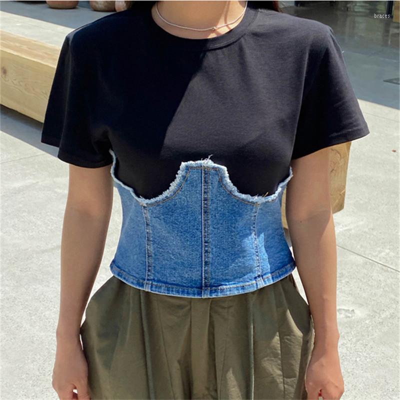

Women' T Shirts 2023 Summer Denim Crop Tops Jean Patchwork T-shirts For Women Sexy Slim Short Sleeve Tees Korean Fashion Shirt Female N226, Black