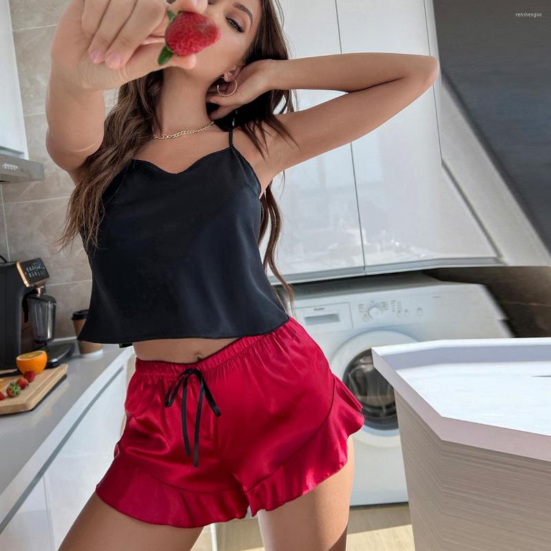 

Women' Sleepwear Summer Women Satin Pijamas Sleeveless Sexy Suit Cami Top Short Lingerie Set Female Night Wear Mujer Strap Pajama Sets, Green