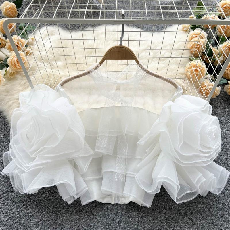 

Women's Blouses Korean Fashion Ruffles Casual For Women Summer Puff Short Sleeve Stand Collar Mesh Spliced Femme Shirts Tops Blusas, White