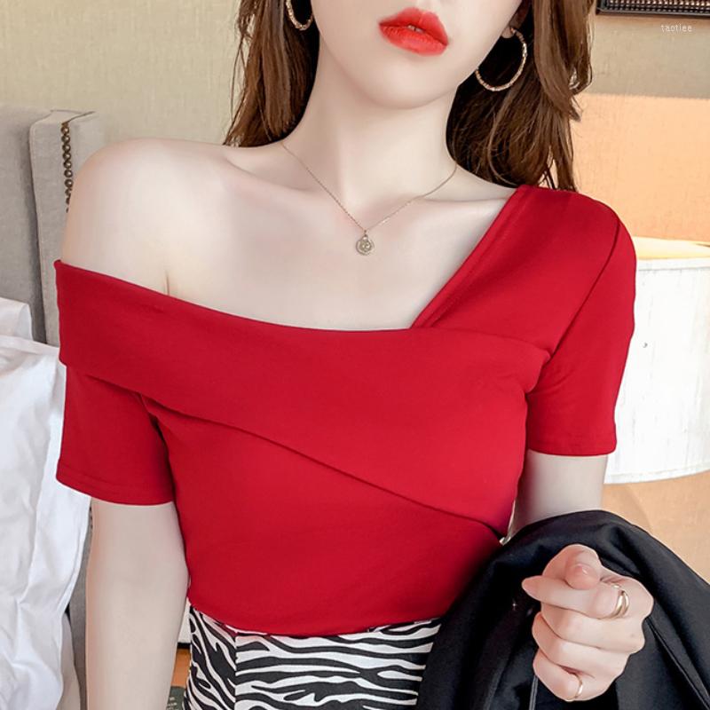 

Women' Blouses 2023 Fashion Women Sexy Off Shoulder Slim Short Sleeve And Shirts Elegant Solid Tops Skew Collar Cotton T-shirt 24841, White