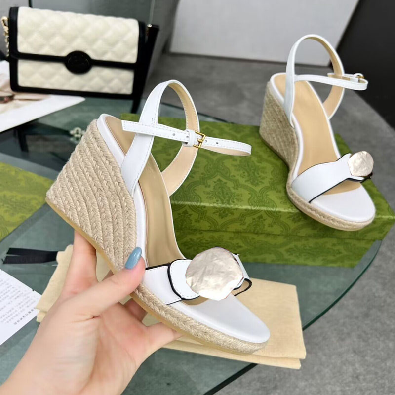

Women Summer Sandals Designer Comfortable Leather Slope Heels Women Shoes Fashion Party Hollow out Thick Sole High Heels