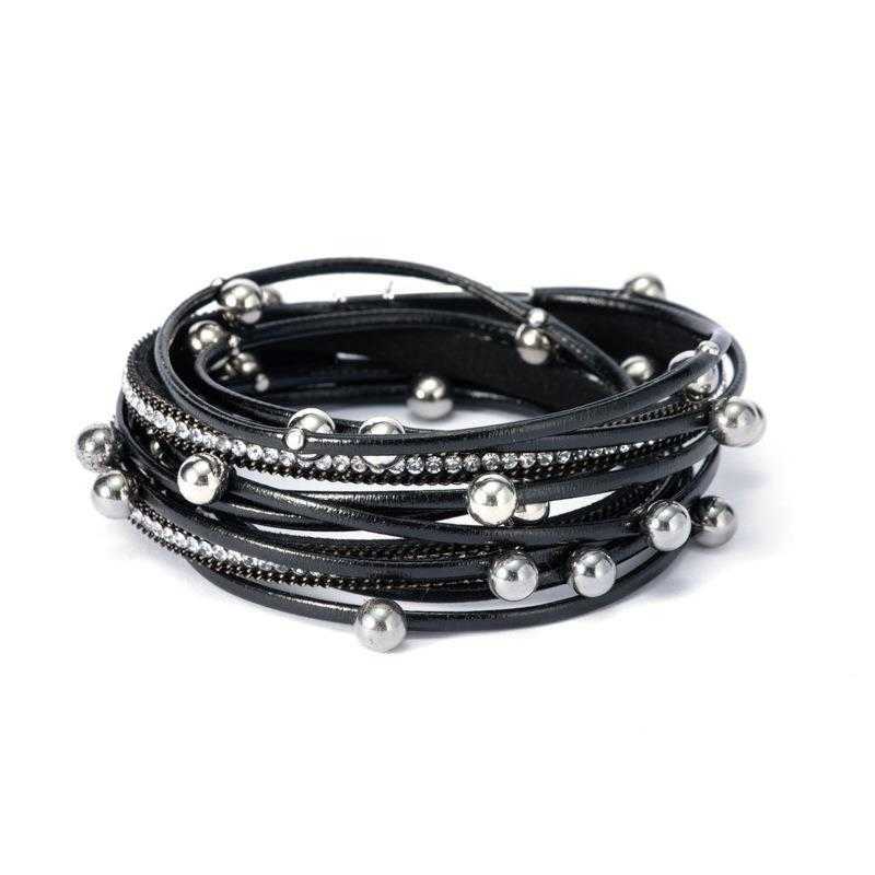 

Two Circle Beaded Strands Leather Bracelet Multi Layer Womens Fashion Diamond Embedded Magnetic Snap Jewelry