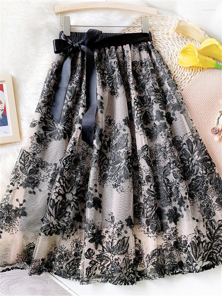 

Skirts High Waist Embroidery Mesh Women's Sequined Sashes 2023 Spring Summer Solid Elegant Ball Gown Midi Female, Black