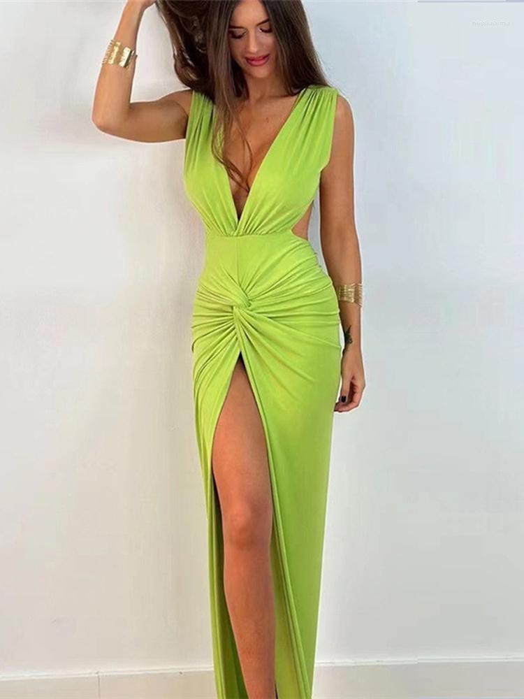 

Casual Dresses WeiYao Sexy Deep V-Neck Ruched Slit Maxi Dress For Women 2023 Elegant Summer Vestido Sleeveless Slim Long Club Clothing, Black