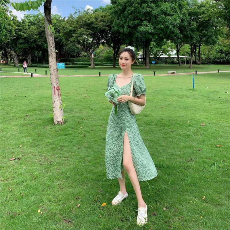 

Casual Dresses Chic Lady Summer Dress Breathable Vacation Midi Flower Print Mid-calf Length Women Female Clothes, Green