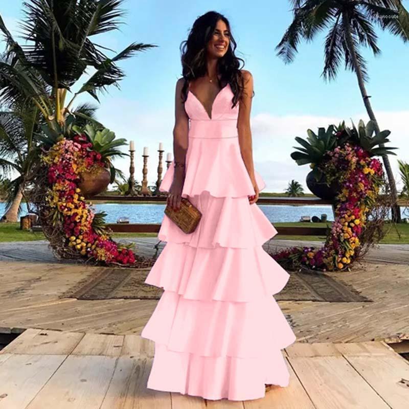 

Casual Dresses FOLOBE Sexy V-neck Halter Long Dress Sleeveless Layered Solid Ruffles Hem Party Women 2023 Summer Backless Maxi, Pink
