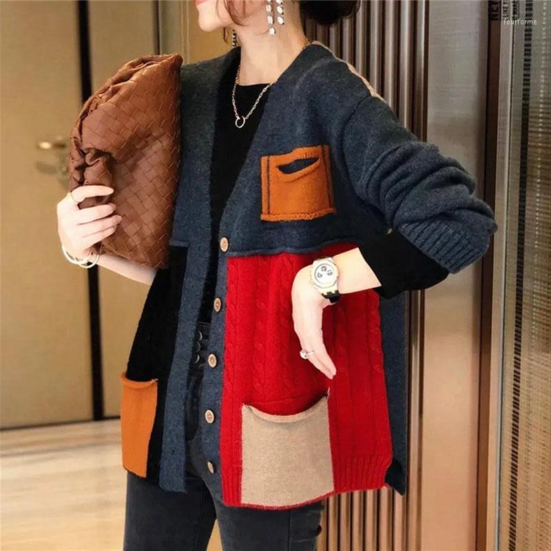 

Women' Knits Fashion Spliced Sweater Cardigan Coat Women' Knitted Jackets Autumn Winter 2023 Loose Mid-Length Coats Pocket Outerwear, Blue