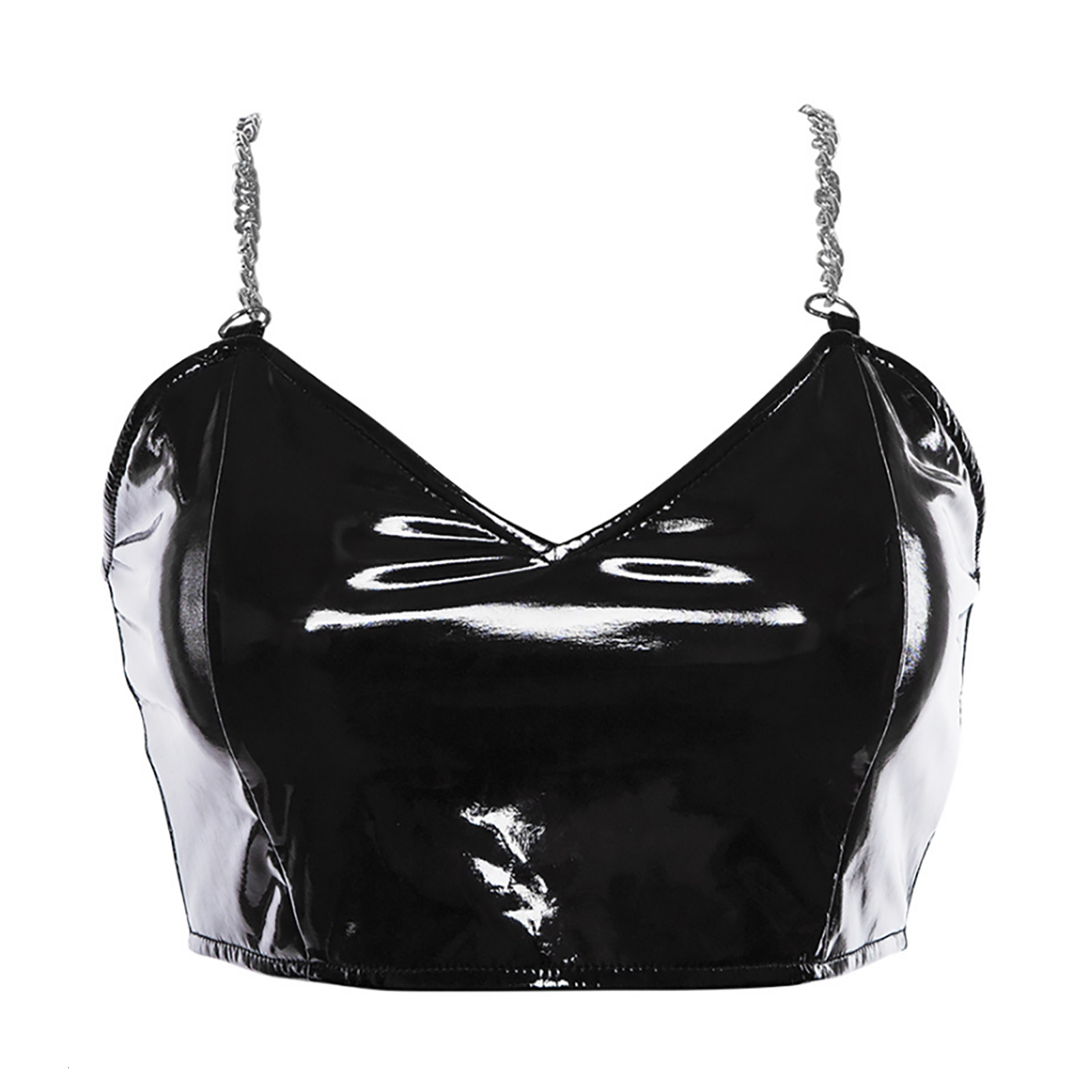 

Camisoles Tanks Womens Latex Patent Leather Crop Tops Ladies Gothic Tops Metal Chain V Neck Zipper Back Fashion Corset Nightclub Dancing Costume 230508, Beige