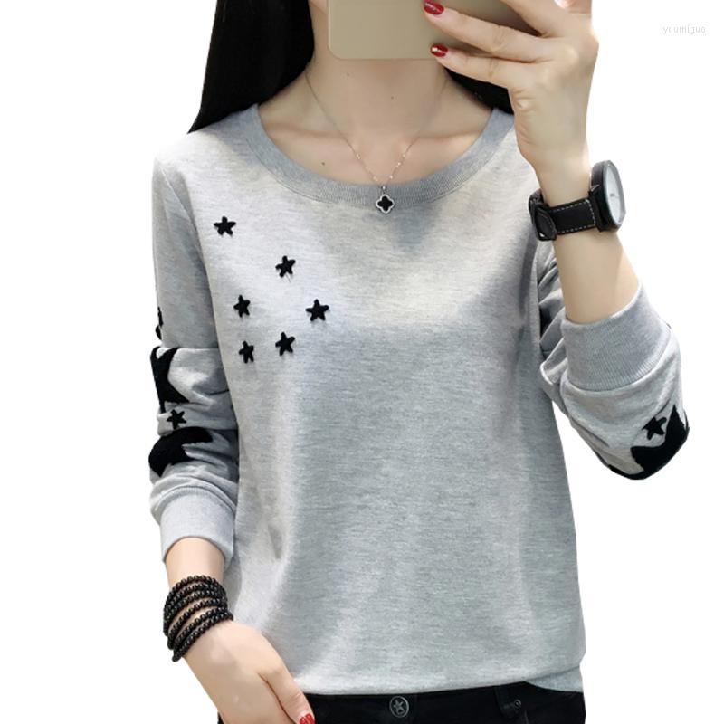 

Women's Hoodies Embroidered Stars Women 2023 Autumn Korean Fashion Clothes Sweatshirt Woman O-Neck Blouse Long Sleeve Moletom Feminino, White