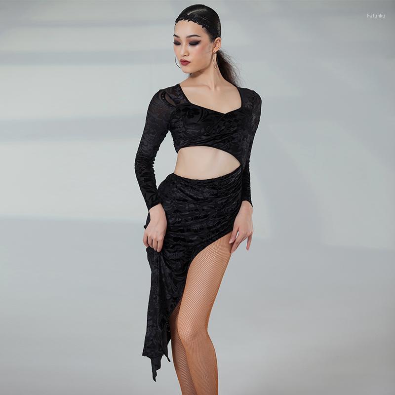 

Stage Wear Velvet Latin Dress Women Long Sleeve Ballroom Practice Salsa Clothing Samba Dresses Costume Tango Dancewear DL9789, Blue