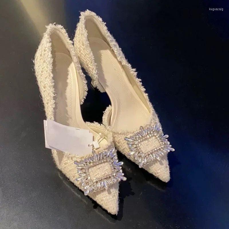 

Sandals Fashion Slim Heel Pointed Toe Single Shoes For Women 2023 Spring French Rhinestone Shallow Cut High Heels, Ivory