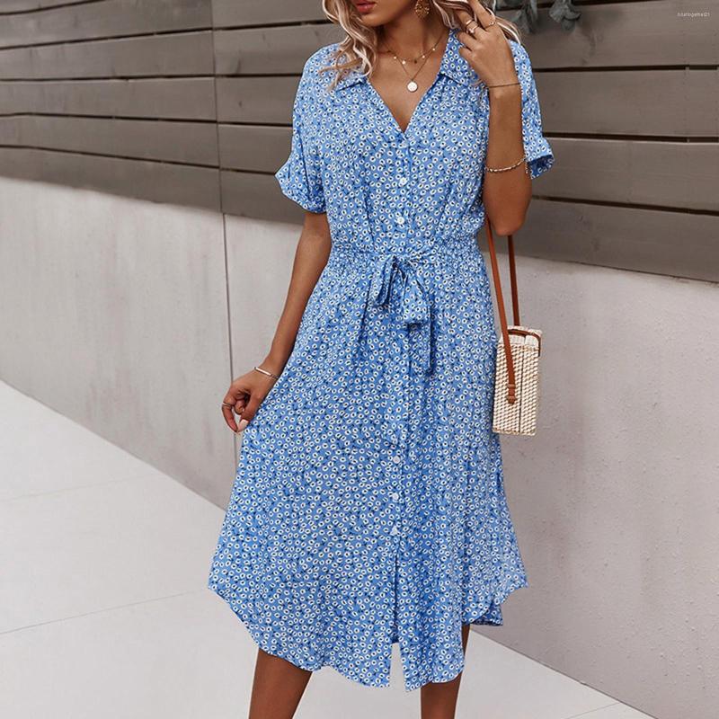 

Casual Dresses Summer Boho Bohemian For Women 2023 Plus Size Button Short Sleeve Floral Print Lace Up Maxi Beach Midi Girl, Blue