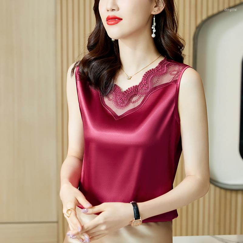 

Women's Tanks M- V-neck Vest Camisole Shirt Patchwork Satin Lace Women's Suits Bottoming Shirts Sleeveless Tank Tops, Black