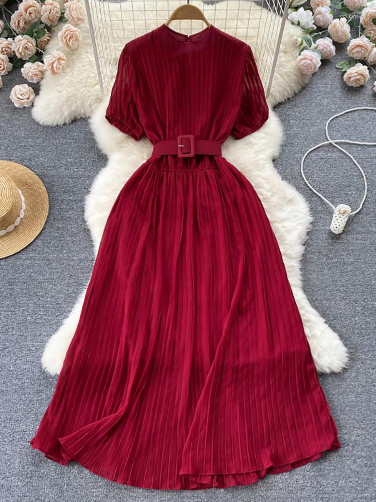 

Party Dresses Summer Women Pleated Long Dress Elegant Round Neck Short Sleeve High Waist A-line Draped Maxi Vestidos With Belt Robe Female, Black