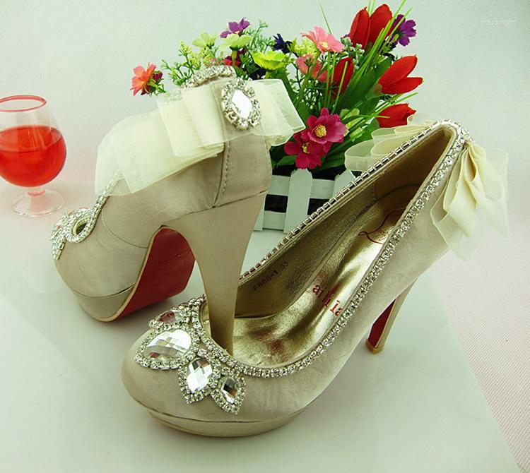 

Dress Shoes Lady Rhinestone Round Toe White Bowtie Wedding Women Evening Party Prom, Champagne