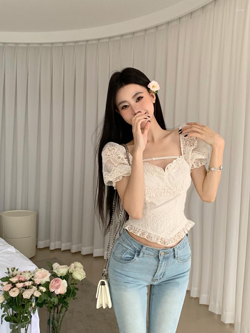 

Women' T Shirts GkyocQ Summer Women Tshirts Puff Sleeve Lace Bandage Square Neck Skinny Thin Tees Solid Shirt Sexy Lady Korean Female, Beige