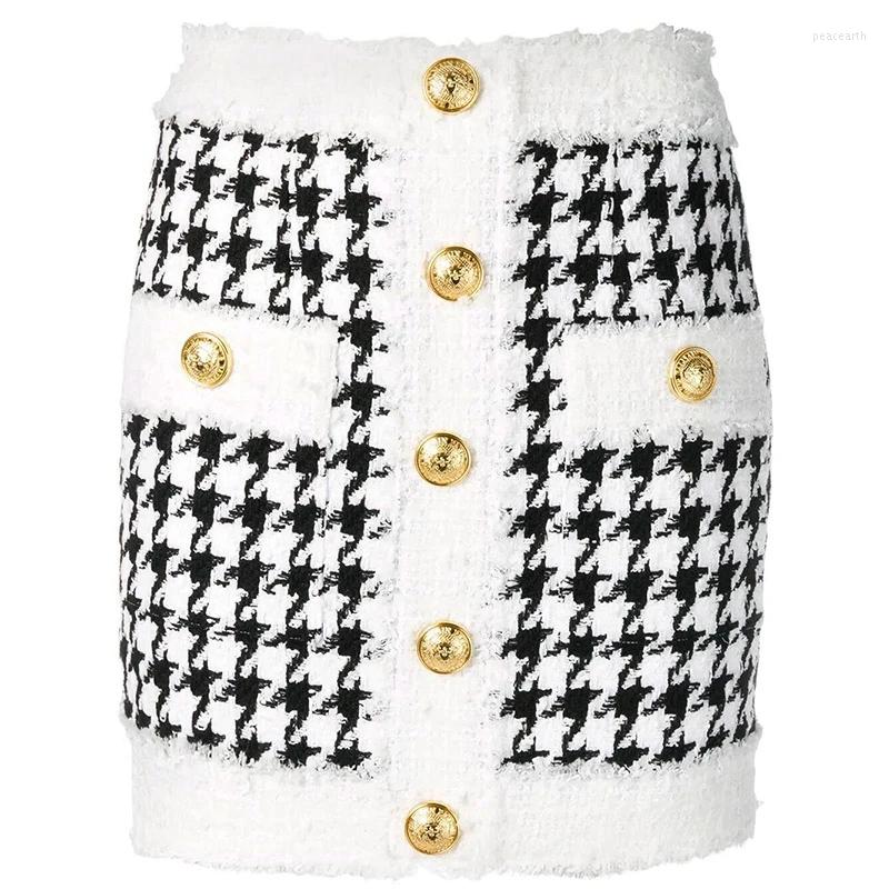 

Skirts HIGH QUALITY Est 2023 Fall Winter Baroque Designer Women' Fringed Lion Buttons Houndstooth Tweed Mini Skirt, Picture shown