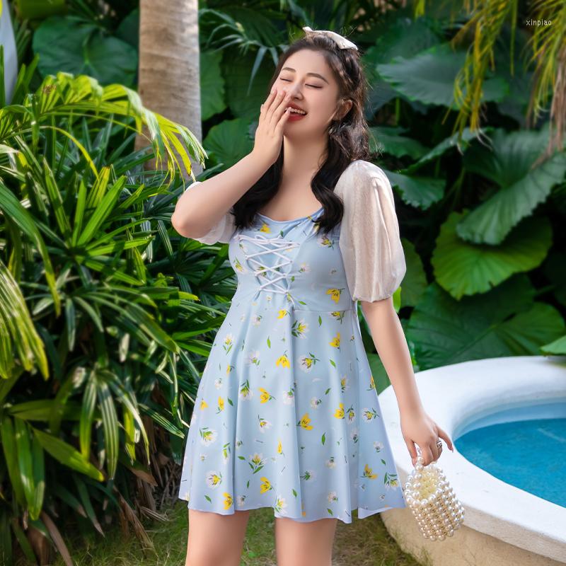 

Women's Swimwear Bathing Suit For Women Print Sleeves Swimsuit With Shorts 2023 Trendy Ladies Beachwear Female Swim Dress Plus Big Size, Blue