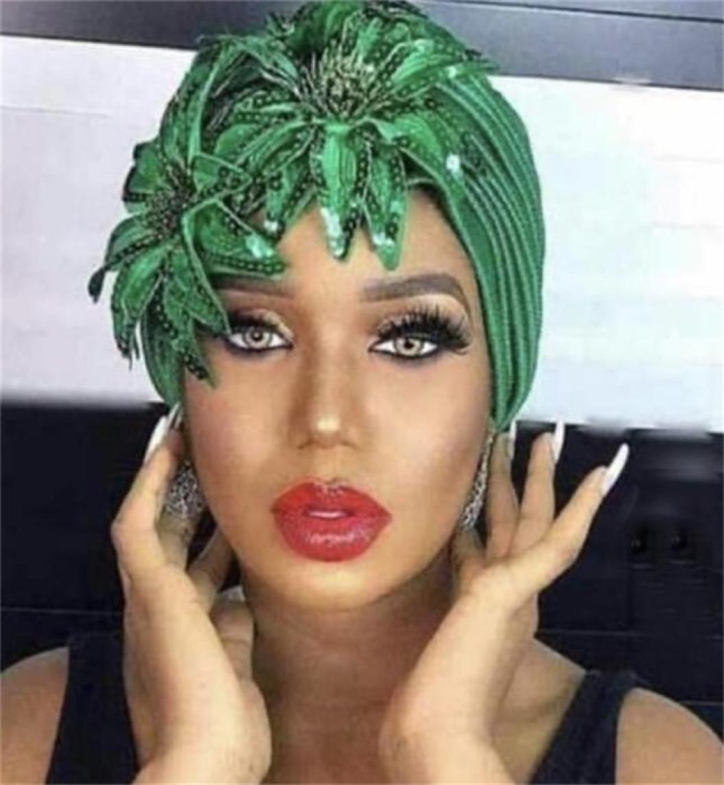 

Feather Sequins Turban Cap for Women Wedding Party Headwear Hat African Headtie Muslim Turban Caps Female Head Wraps 2208161913885