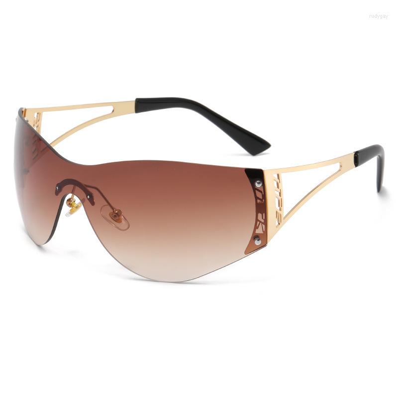 

Sunglasses 2023 Y2K Vintage Punk One Piece Brown Women Men Fashion Silver Mirror Shades Female Metal Rimless Sun Glasses