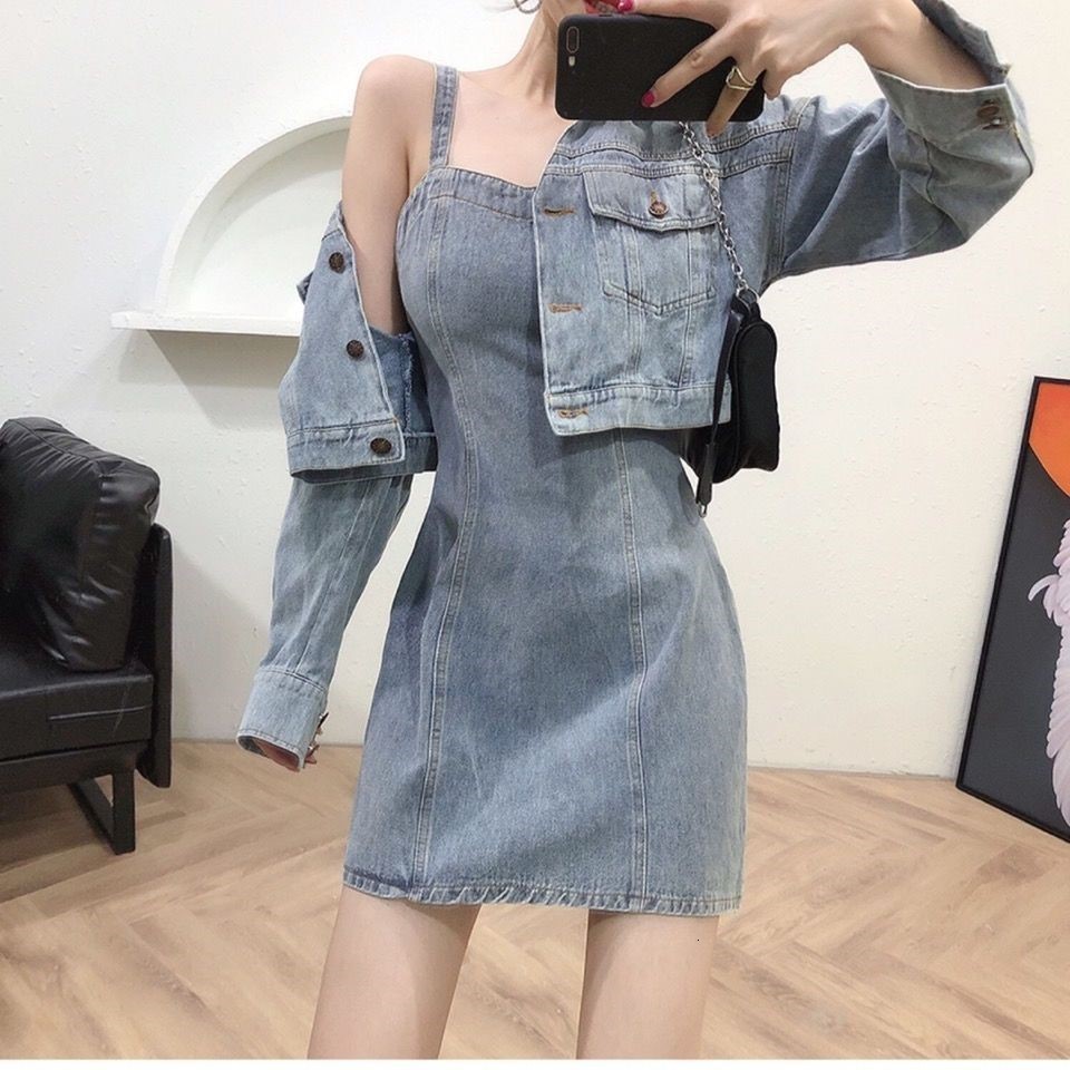 

Two Piece Dress womens plus size net red fried street stitching denim jacket suspender dress twopiece 230509, Single