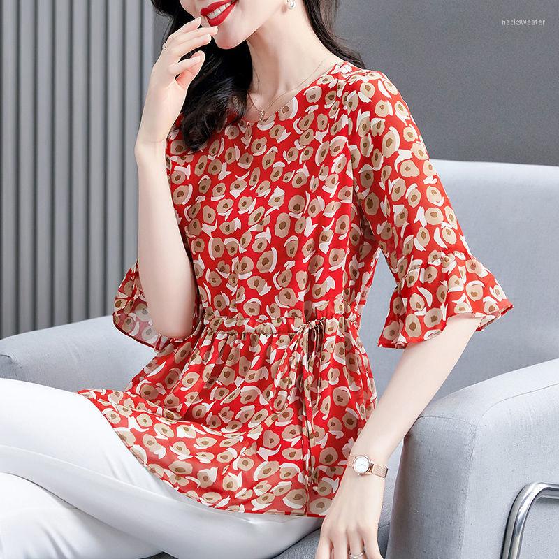 

Women's Blouses Vintage Printed Spliced Shirring Chiffon Blouse Women's Clothing 2023 Spring Casual Pullovers Flare Sleeve Office Lady, Red