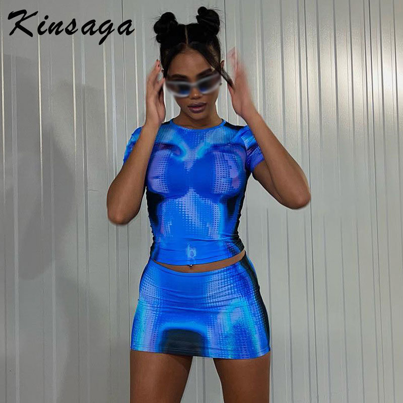 

Two Piece Dress Sexy Y2K 3D Body Print Skirts Set Women Short Sleeve Crop Top Blue Co Ord Matching Streetwear Pink Bodycon Baddie Outfits 230509
