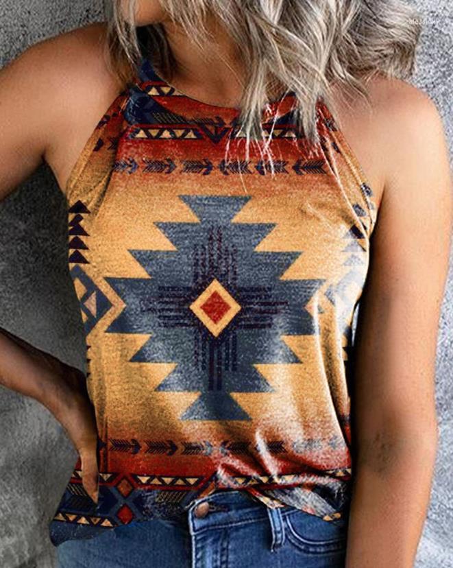 

Women' Tanks Vintage Fashion 2023 Summer Selling Casual Women' Top Retro Geometric Print Round Neck Tank