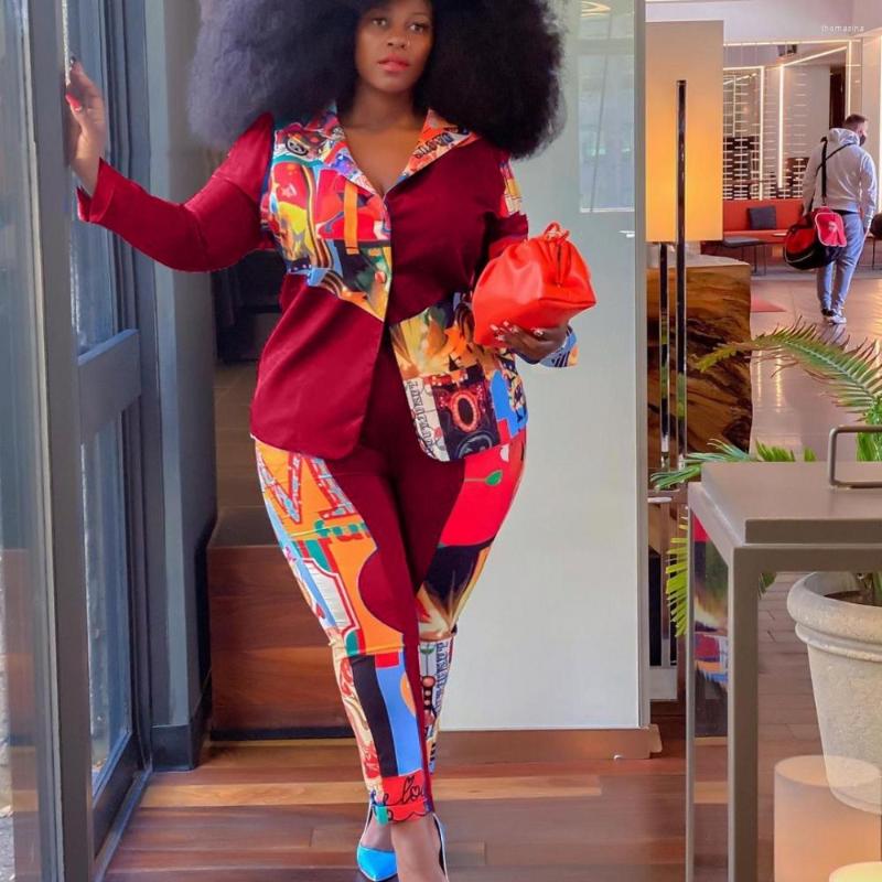 

Ethnic Clothing 3XL 4XL Plus Size Women Colorful Print Two Piece Sets Autumn Arrivals Lady Turn-down Collar Suit And Pants Outfits