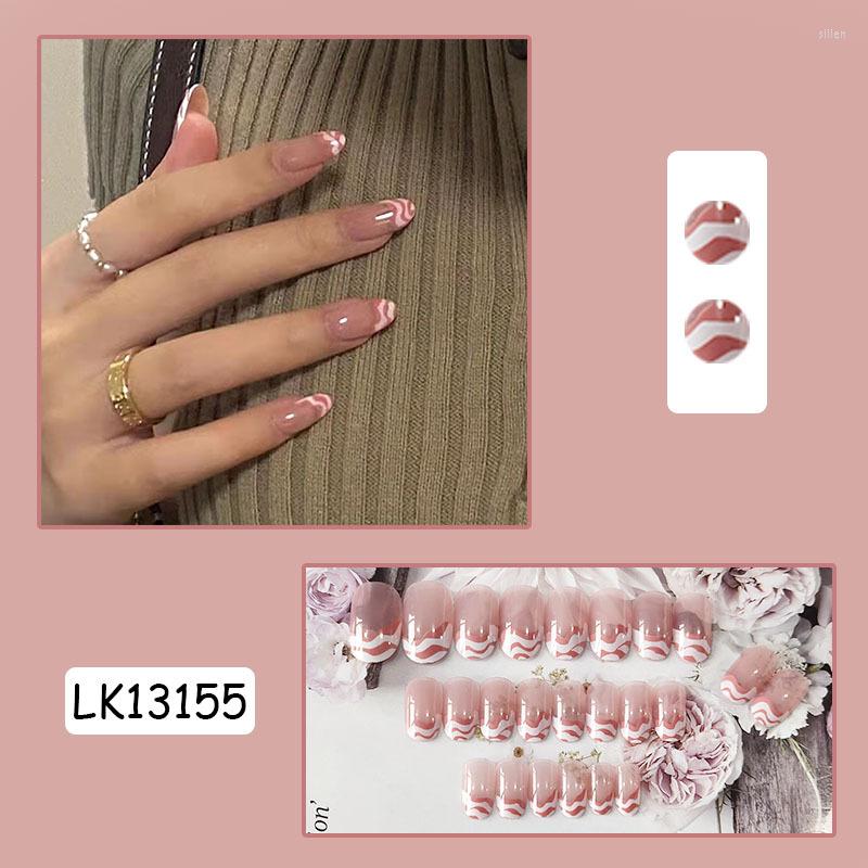 

False Nails 24PCS Fake Nail Pink White Wave Decor Girls Long Paragraph Full Cover Tips Artificial Art Patches EF