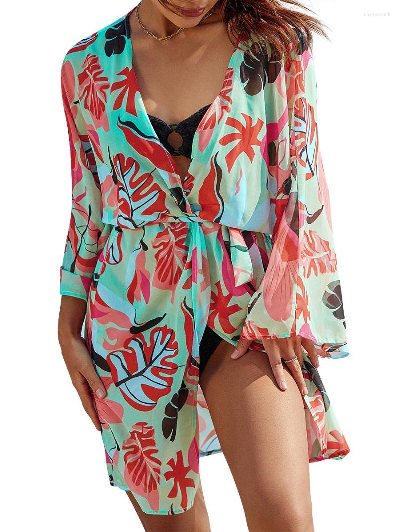 

Women's Swimwear Women 2023 Summer Casual Loose Beach Dress Bikini Cover Up Long Sleeve V Neck Tie Floral Beachwear, Purple pink-50761