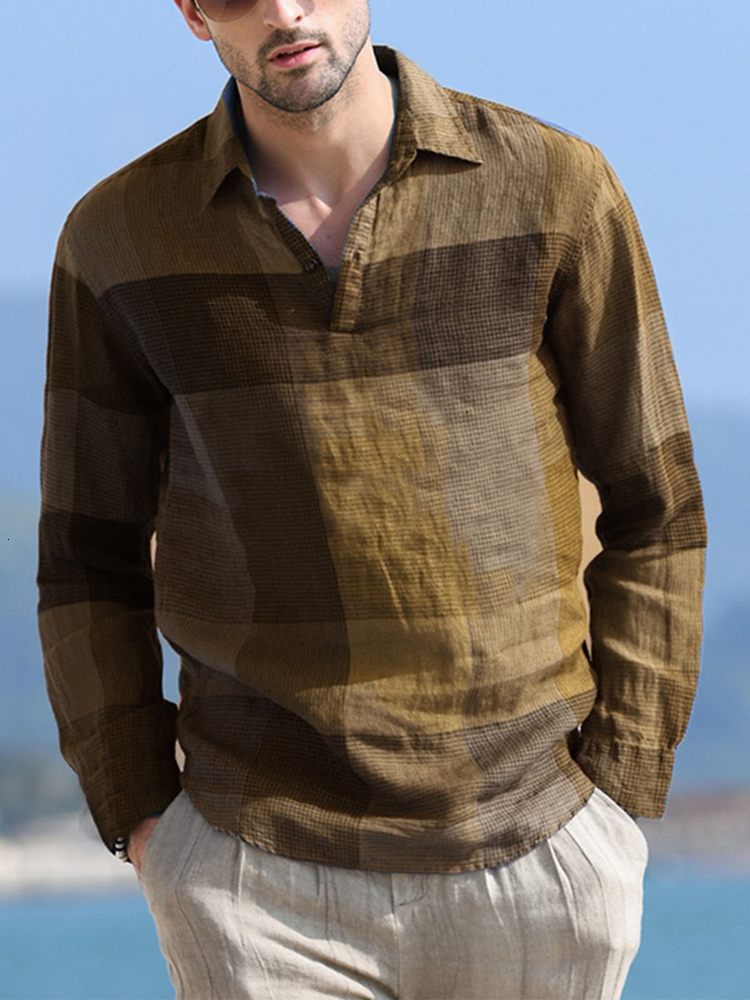 

Men's Polos Vintage Plaid Cotton Linen Mens Shirts Autumn Casual Long Sleeve Turndown Collar Buttonup Pullover Tops Summer Fashion Top 230508, 01