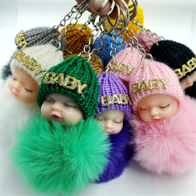 

Keychains Lanyards 10pcsLot Sleeping Doll chain Pompom Faux Rabbit Fur Ball Chain Fluffy Car ring porte clef Bag Ring 230508