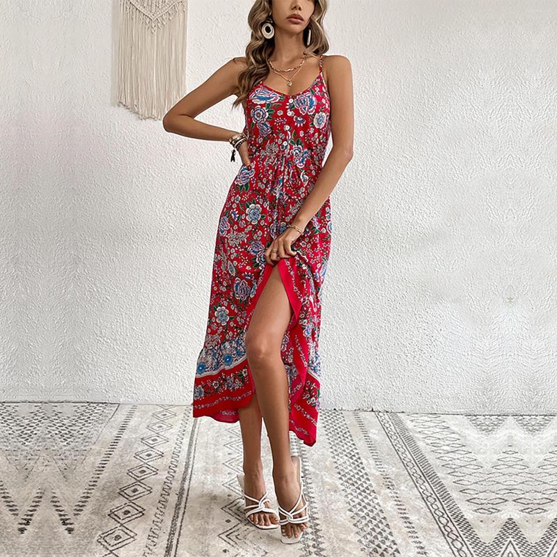 

Casual Dresses Floral Print Summer For Women Formal V Neck Short Sleeved A Line Beach Long Robe Dress Vestidos Para Mujer, Red