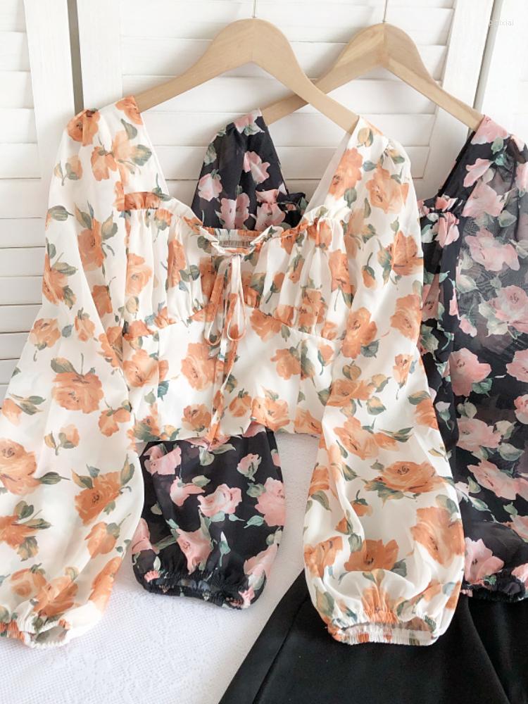 

Women's Blouses Autumn Female Deep Square Neck Lace Up Ruffles Stain Shirt Women's Long Lantern Sleeve Shirts Women Chiffon Flowers, Orange