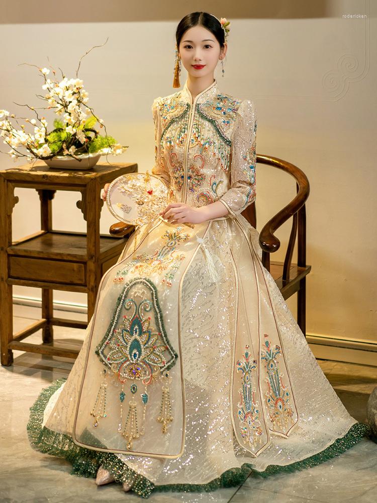 

Ethnic Clothing Bride Champagne Beading Tassels Wedding Dress Chinese Style Toast Party Gown Sparkly Sequins Embroidery Cheongsam