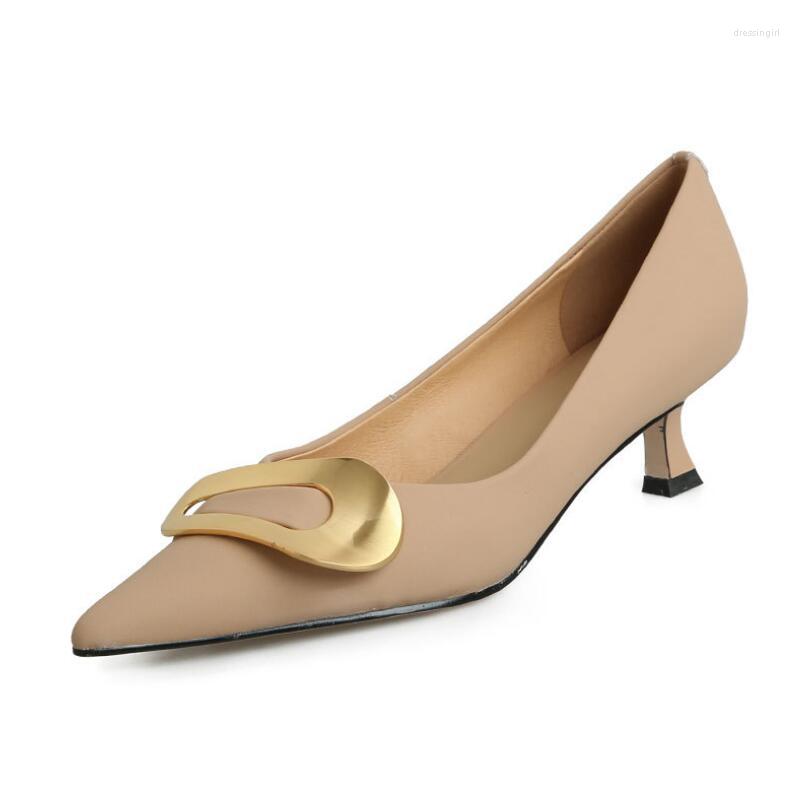 

Dress Shoes 2023 Women's Spring Autumn Soft Leather Metal Button Pointed Toe Slim Heel Shallow Cut Medium, Beige