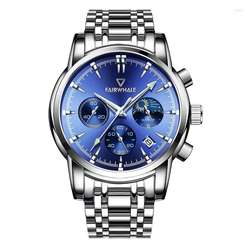 

Wristwatches Mark Fairwhale Watch For Men Casual Business Automatic Multifunctional Display Calendar Luminous Luxury Quartz, White silver