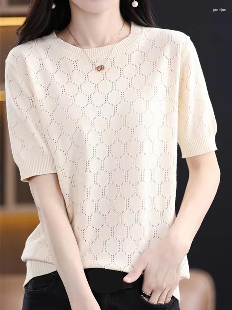 

Women's T Shirts O Neck Knit Tops Plaid Shirt Women Short Sleeve Tee Femme Summer Casual Hollow Out Clothes Camisetas De Mujer, Black