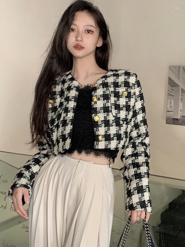 

Women's Jackets Fashion High Street Small Fragrant Tweed Jacket Coat Autumn Winter French Vintage Elegant Plaid Short Women Outwear, Dark grey