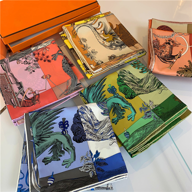 

Sarongs Luxury Brand Twill Silk Large Scarf Women Handmade curling horse rider animal female twill square shawl FashionBelt 230508