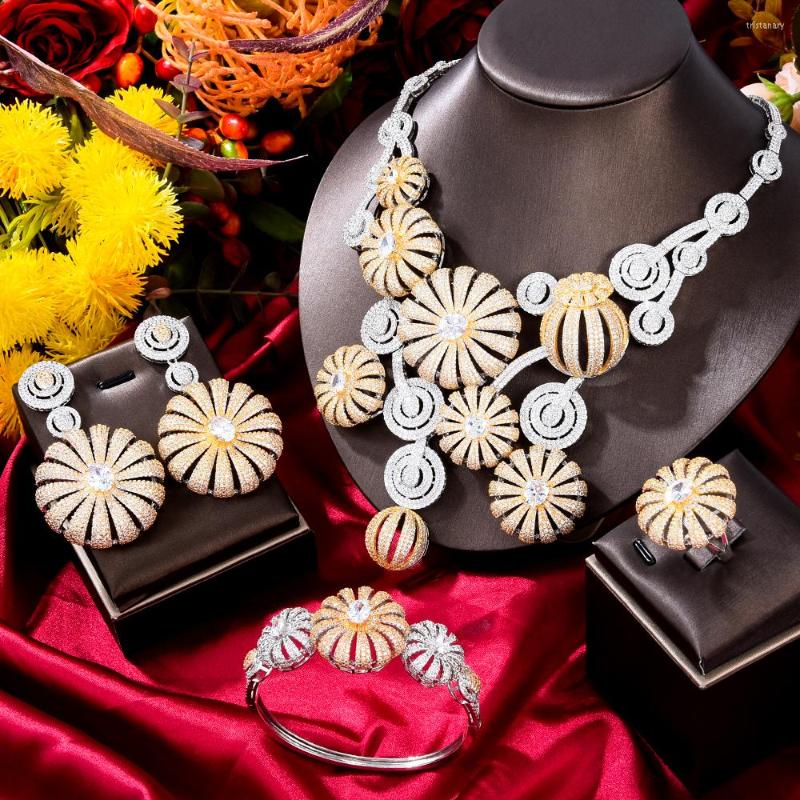 

Necklace Earrings Set Soramoore Luxury Big Charm Flowers 4PCS Bangle Ring Jewelry For Women Bridal Wedding Party, Picture shown