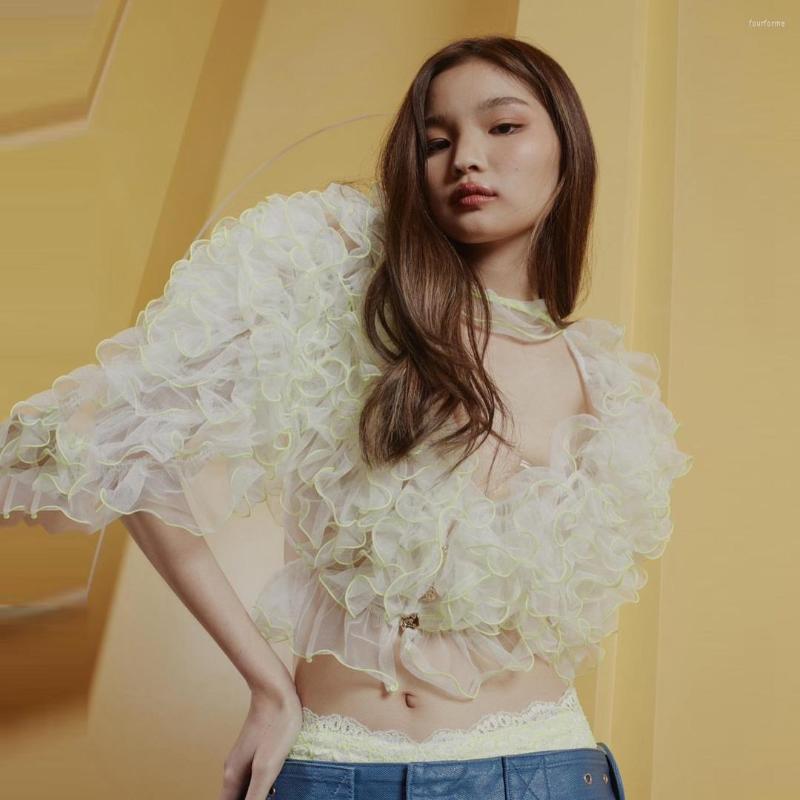 

Women's Swimwear Hippie Style Puffy Ruffles Tulle Tops For Women Sheer Illusion Ruffled Female Blouse Shirts Custom Made 2023 Sumer Top, Gray