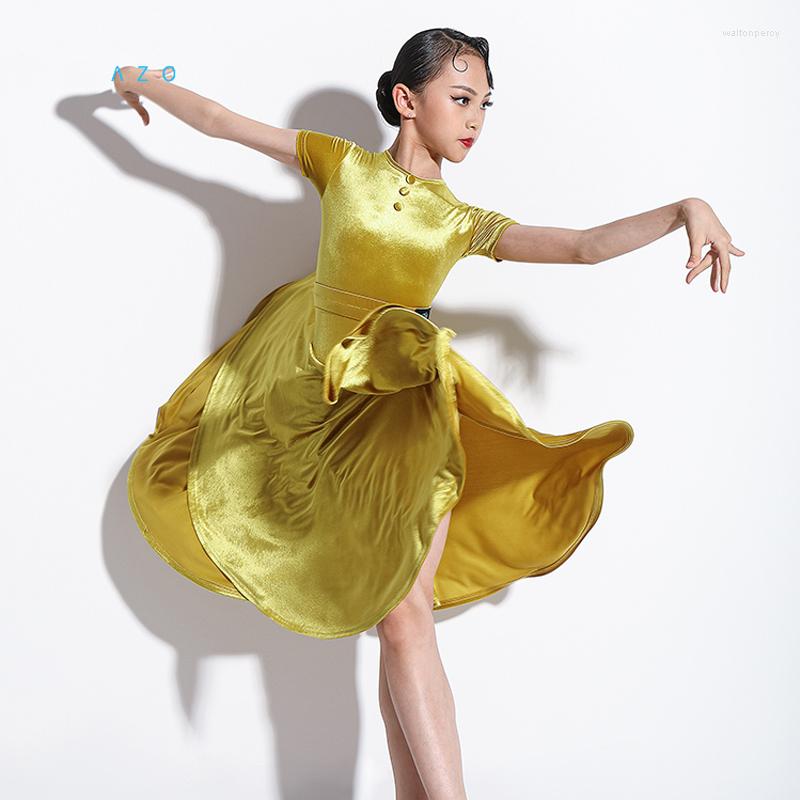

Stage Wear Child National Standard Ballroom Dance Competition Dress Girls Short Sleeves Velvet Latin Practice Clothes DWY5726, Black dress