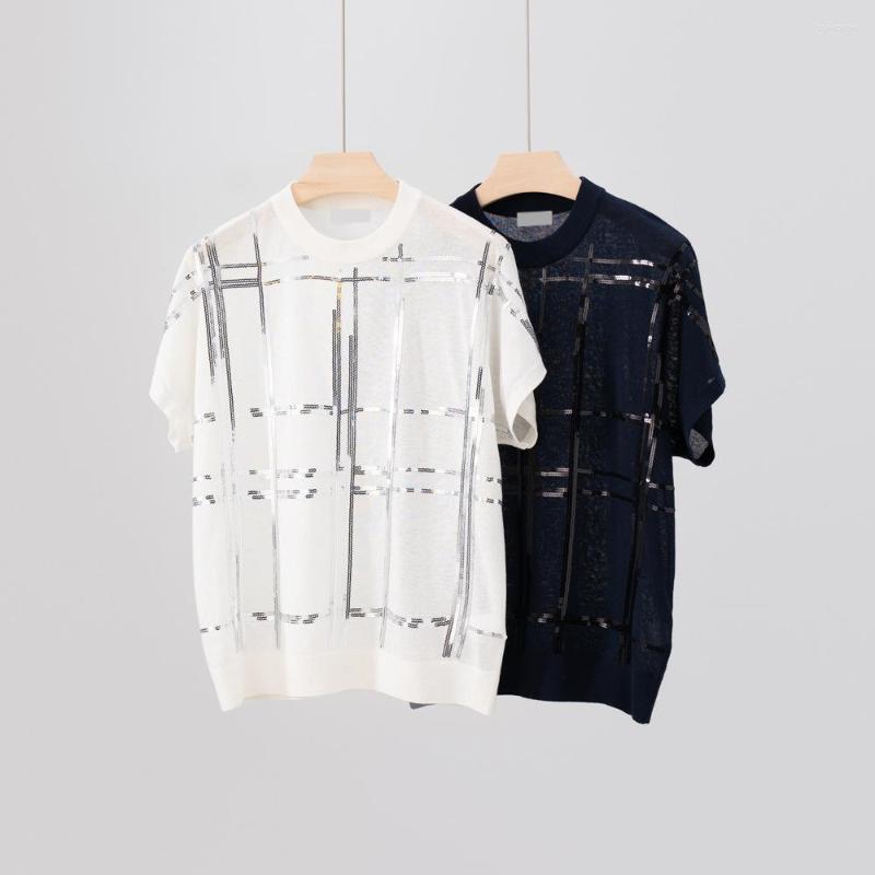 

Women's Sweaters 2023 Spring And Summer Linen Knitted Short-sleeved Sequin Embroidery Top Women, Black